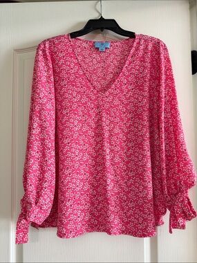 CeCe Pink Floral V-Neck Blouse with Tie Cuffs